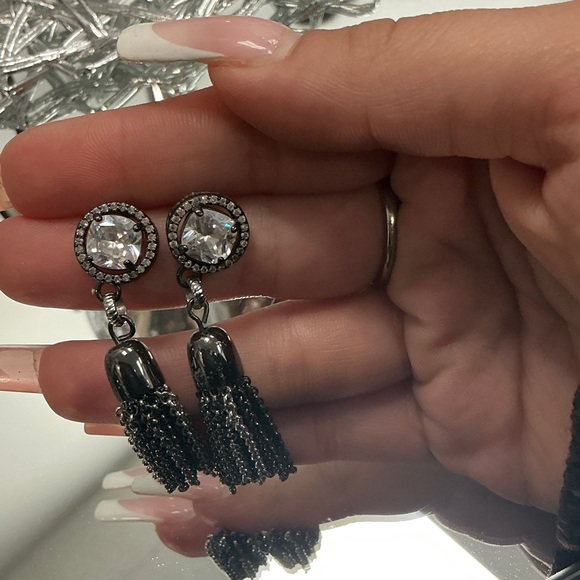 Elegant Black and Silver Tassel Earrings - Picture 3 of 6